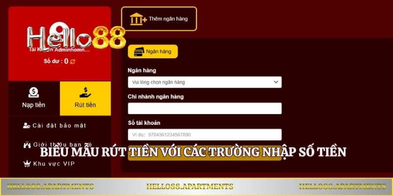 Biểu mẫu rút tiền với các trường nhập số tiền và tài khoản nhận 