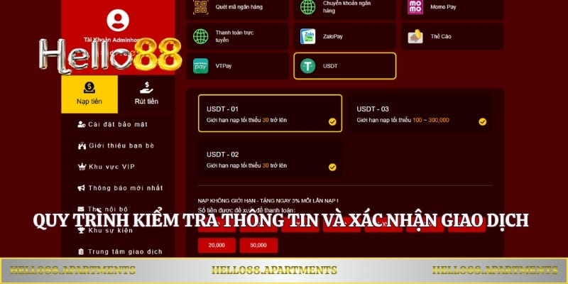 Quy trình kiểm tra thông tin và xác nhận giao dịch nạp tiền